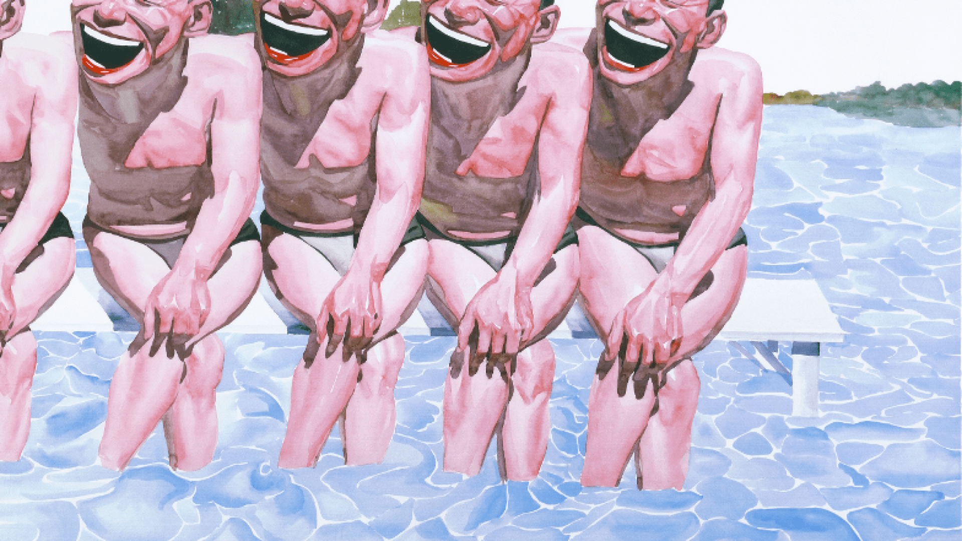 Image of four laughing Chinese men on a diving board.